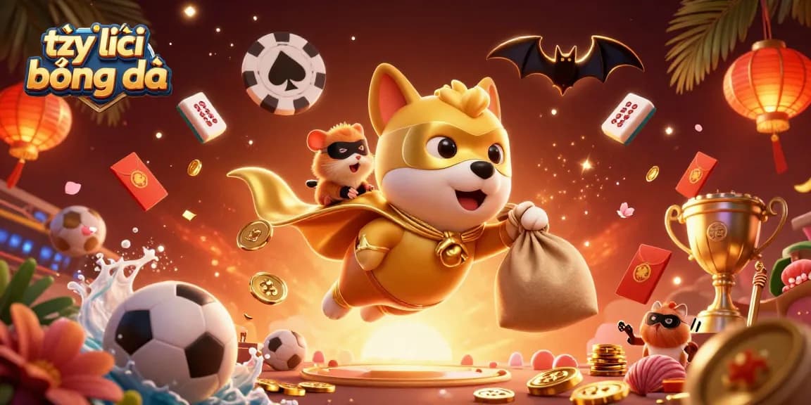 Bet on tỷ lệ bóng đá with vibrant illustrations of a superhero dog flying through a sports-themed scene.