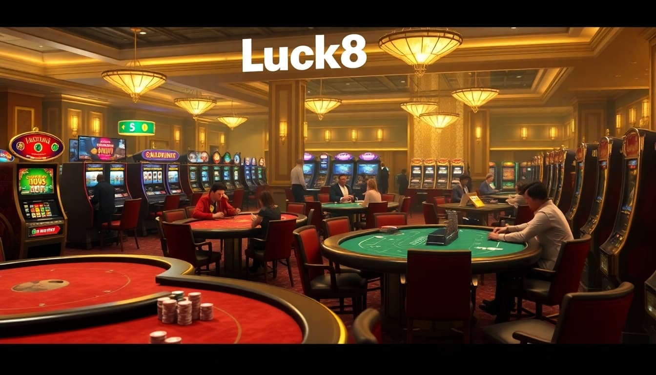 Luck8 players celebrating wins at a luxury casino, showcasing exciting card games and vibrant slot machines.
