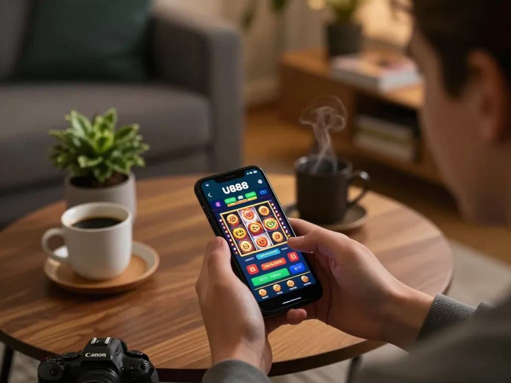 Player engaging with the U888 casino app on a smartphone in a cozy setting