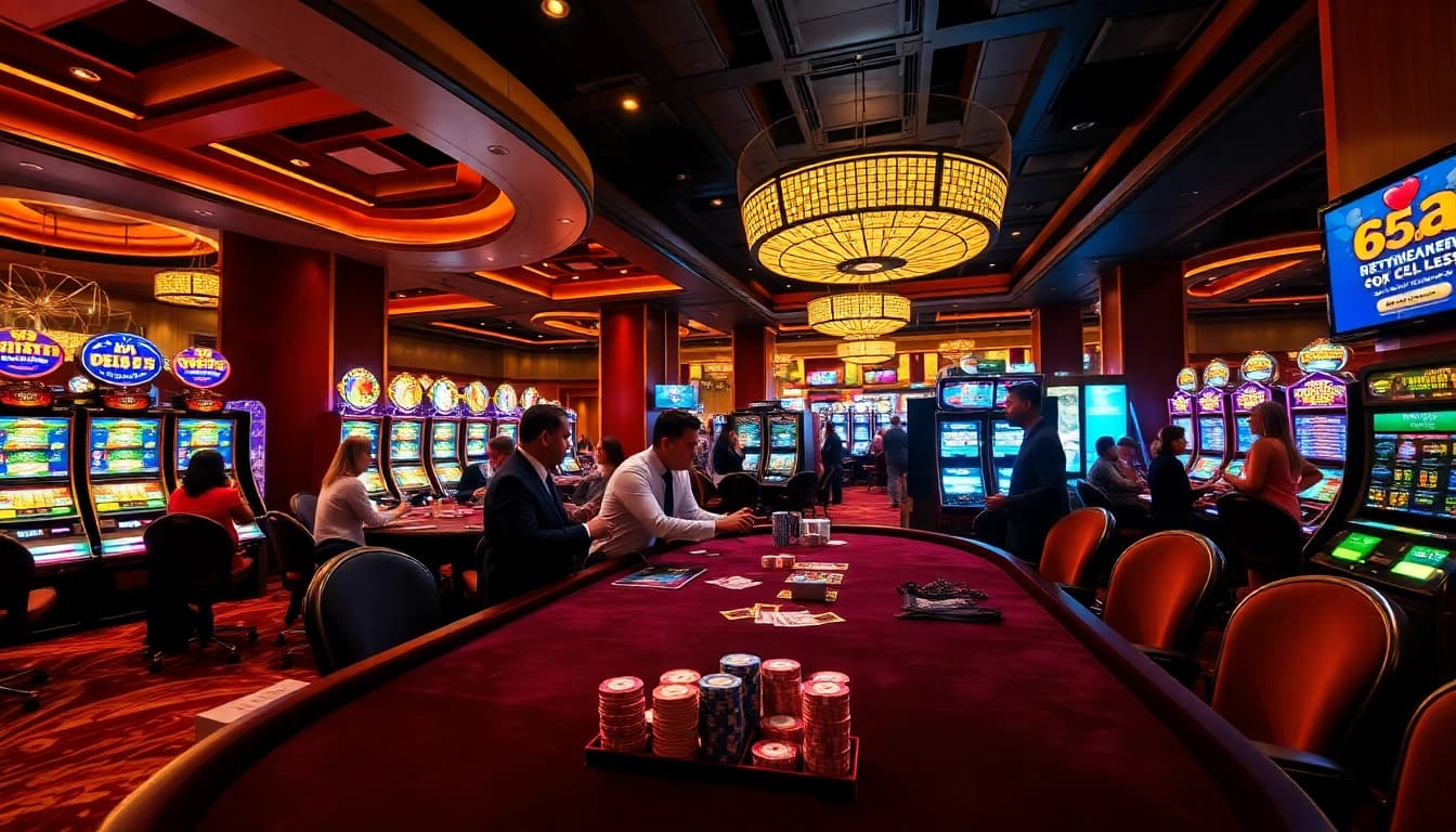 Experience the thrilling excitement of 65A with lively casino tables and vibrant slot machines.