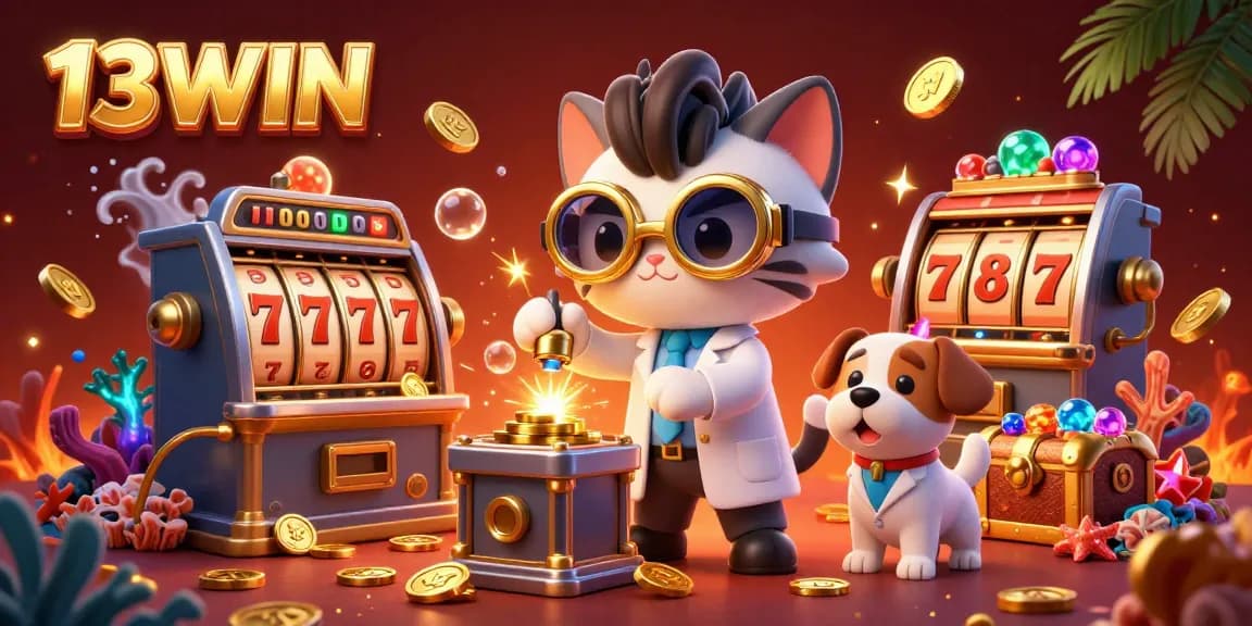 Join the thrilling adventure in 13WIN's vibrant casino scene with a mad scientist cat and golden bubbles!