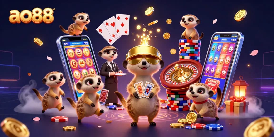 Experience thrilling gameplay at ao88 with meerkats managing a vibrant casino scene filled with games.