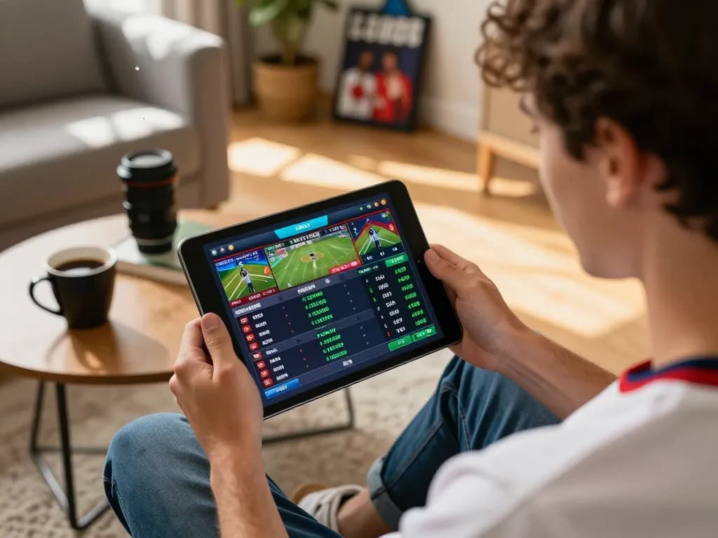 Engaging moment of a player at lu88 placing live sports bets on their tablet in a cozy home environment.