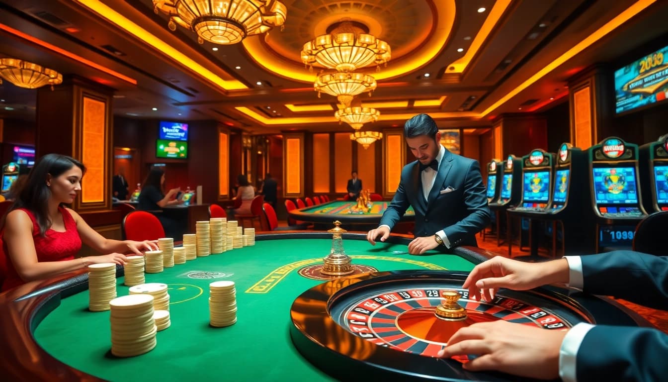 Experience excitement at a luxury casino with nk88, featuring roulette, poker, and slot machines.