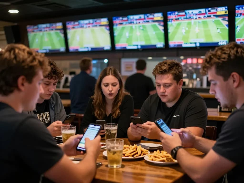 Experience thrilling sports betting with keonhacai5 users analyzing odds at a lively bar.