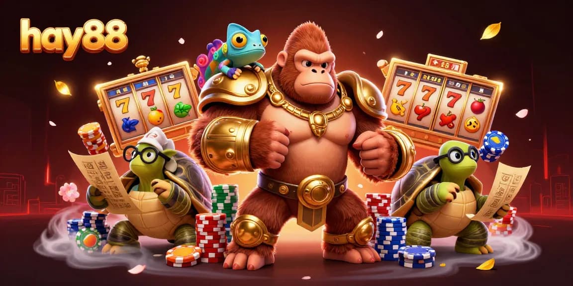 Experience excitement at hay88 with a gorilla king and friends surrounded by lively slots and vibrant casino elements.