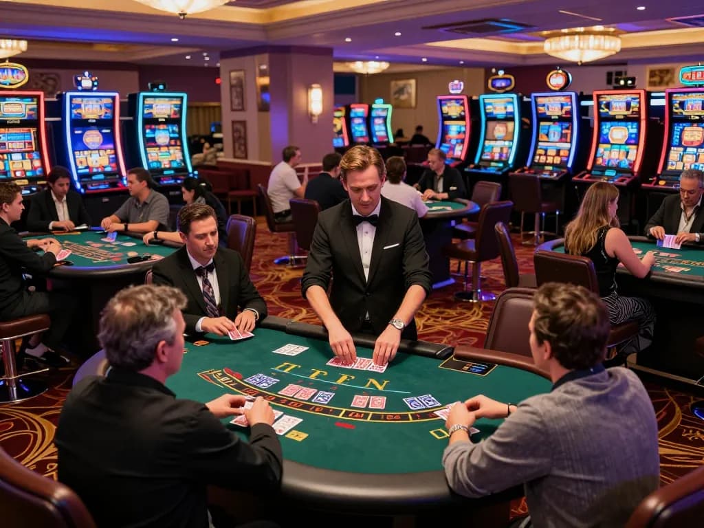Players engaging in blackjack action at a vibrant casino, experiencing the excitement of ok365 gaming.