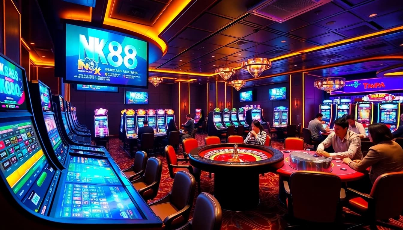 Players enjoying a thrilling game at NK88 casino, showcasing exciting gambling activities and vibrant scene.