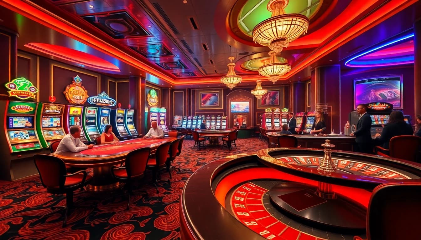 Play exciting games at ok365 com's luxurious casino with poker tables and slot machines.