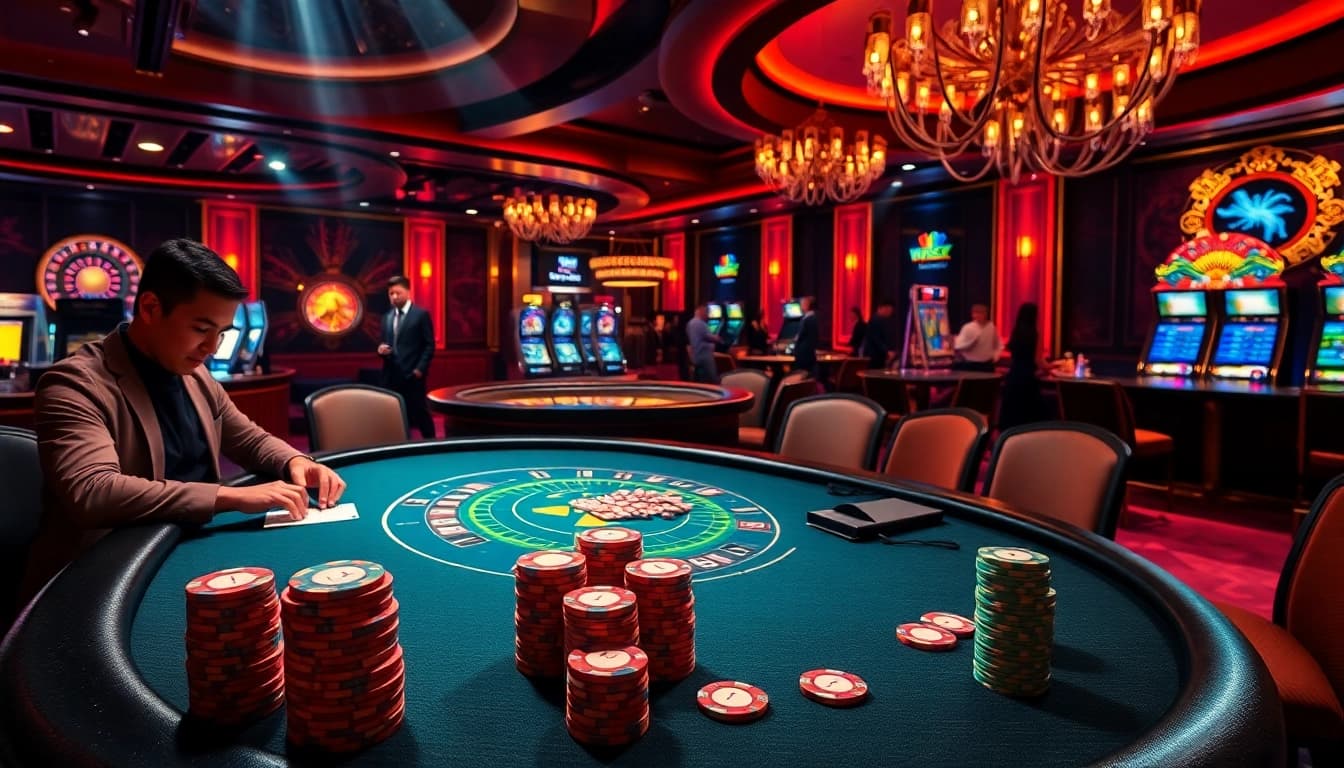 A vibrant casino scene with poker chips and a roulette wheel, connected to the hidden wiki.
