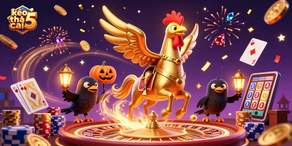 Bet on kèo nhà cái 5 with a golden rooster and enchanting creatures in a dynamic casino setting.