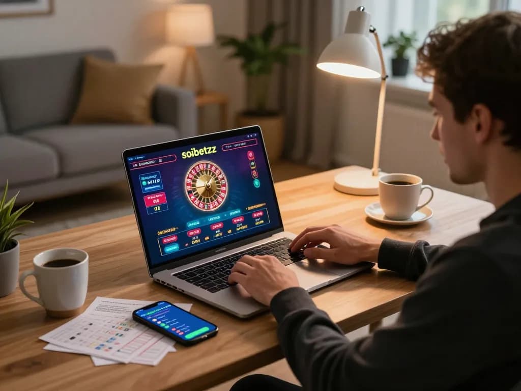 Engage in live online games with soibetzz from a cozy home office, using a laptop for an immersive experience.