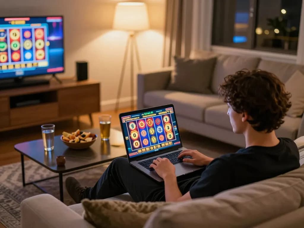 Person playing slots on a laptop from home, experiencing excitement with 78WIN gaming.