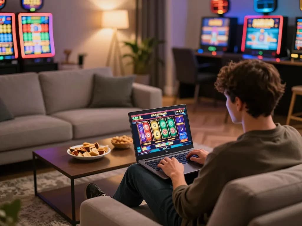 ee88 player enjoying a thrilling online slots game in a cozy living room