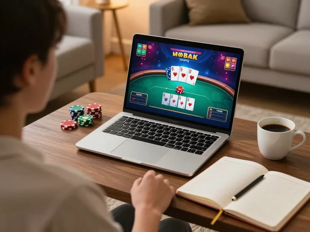 Player enjoying a poker game on 98win from home, with strategic notes and cozy ambiance.