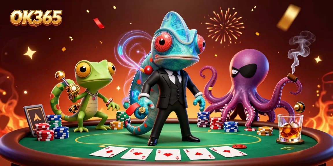 Engage in thrilling poker at OK365 with vibrant characters and an action-packed casino scene.