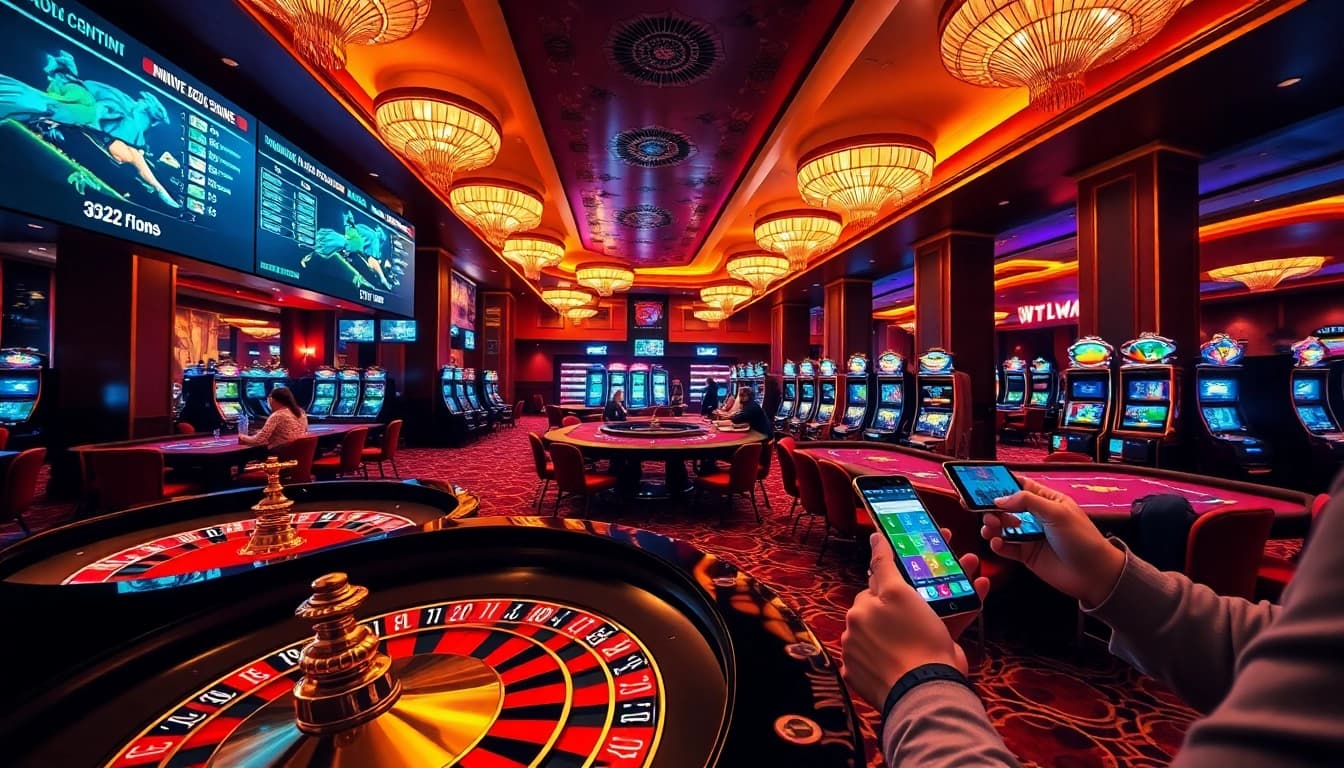 A vibrant casino scene showcasing the luxury and excitement of gambling at tập đoàn kjc with poker tables and glowing slot machines.