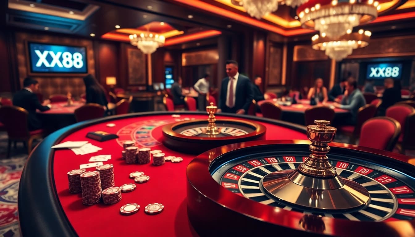 Experience the thrill of gambling at XX88 with our vibrant casino scene featuring a roulette wheel.
