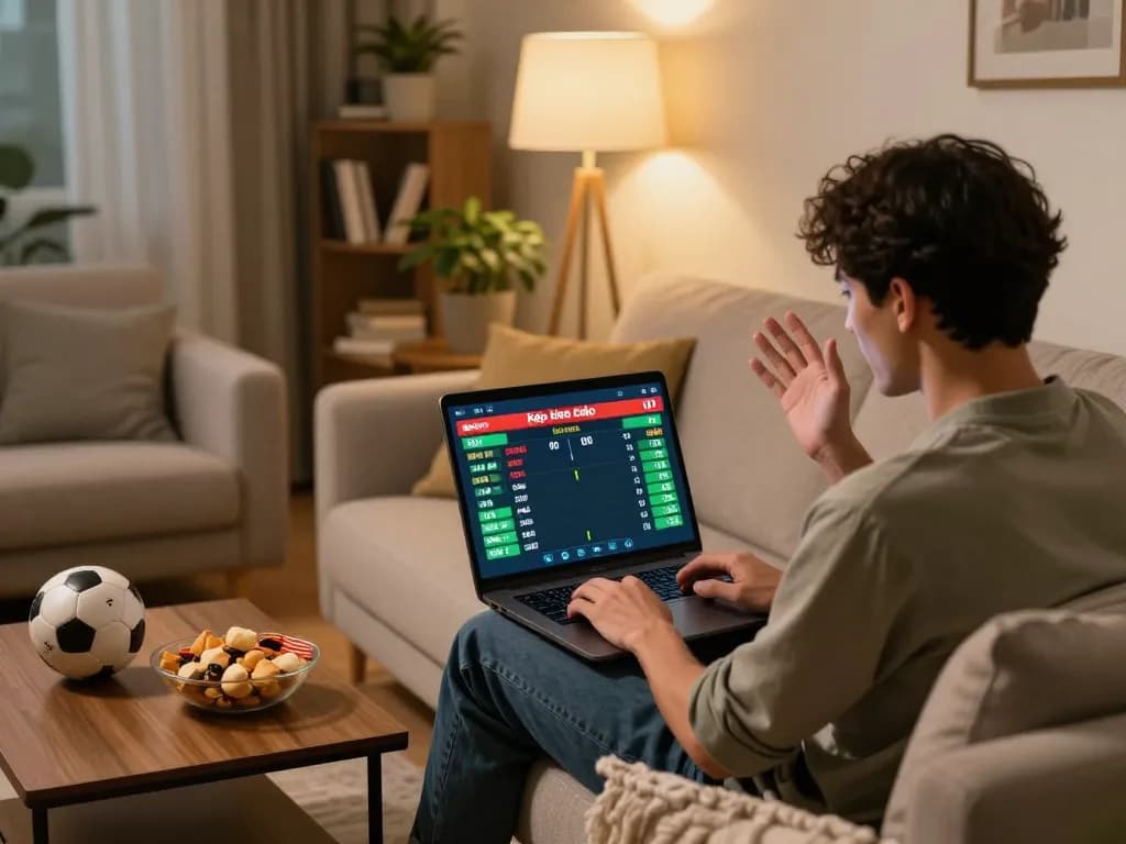 Engaging online sports betting scene showing kèo nhà cái odds on a laptop with dynamic atmosphere.