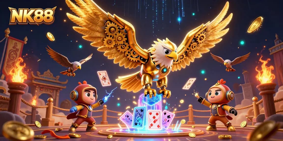 Experience the thrill of NK88 with dynamic gaming elements featuring a cybernetic eagle amidst energetic casino visuals.