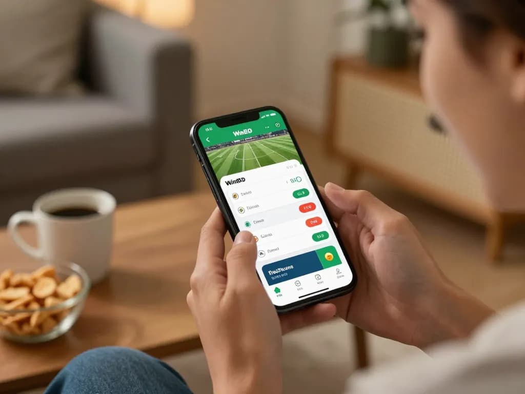 Player engaging with the Winbd betting app on mobile, highlighting live sports action and excitement.