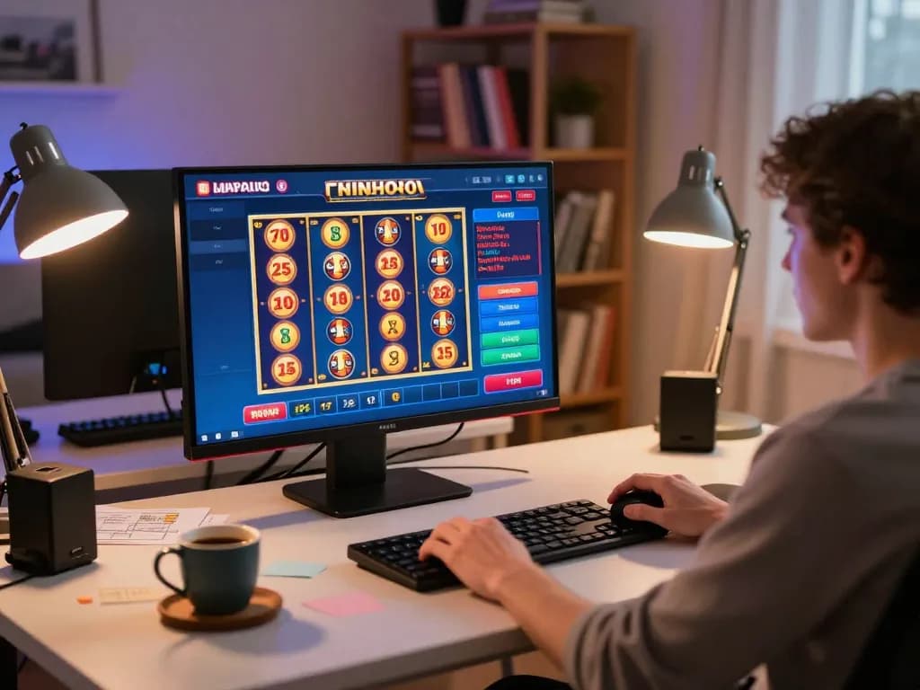 Menggunakan tablet untuk bermain situs slot di rumah dengan antarmuka yang cerah.