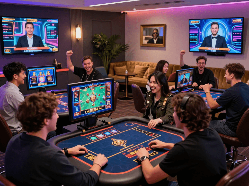 Crypto casino online gaming players interacting with high-tech consoles in vibrant setting.