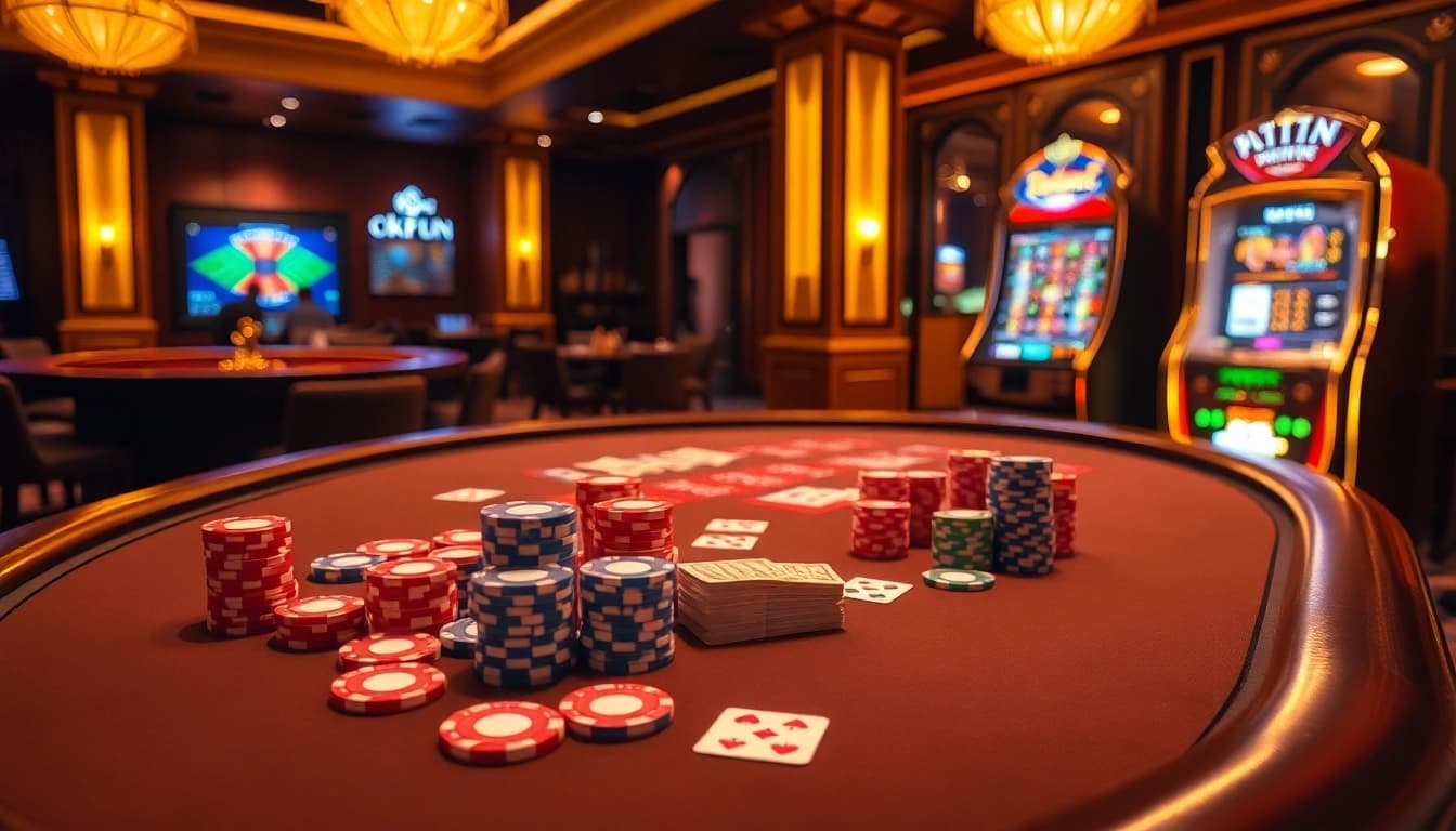 Experience high-stakes gambling at Okfun's vibrant poker tables with colorful chips and cards.