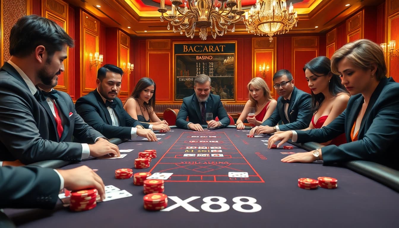 Experience the thrill of baccarat with XX88 as players strategize at an opulent casino table.