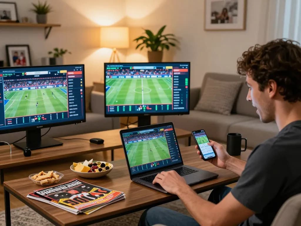 Pucuk138 user intensely tracking live sports bets on multiple devices at home.