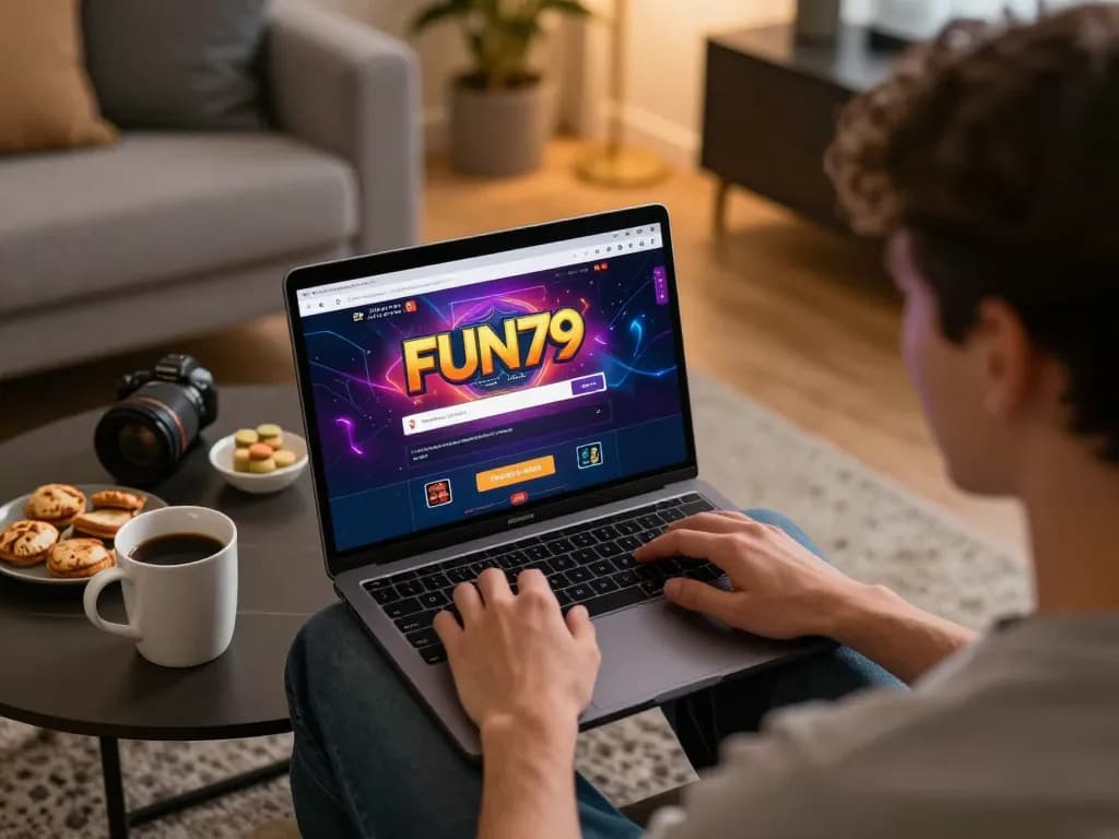Engaging in online gambling, accessing đăng nhập fun79 in a cozy home environment with laptop and snacks