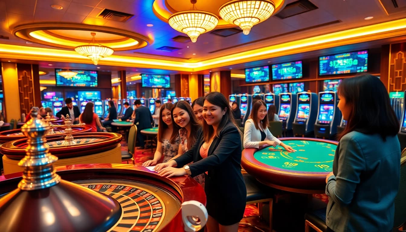 Nạp tiền 69VN experience at a vibrant casino with engaged players at roulette and poker tables.