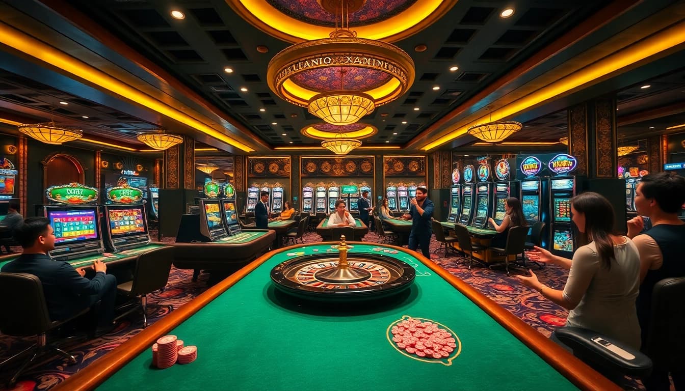 Players enjoying various games at Luckywin's luxurious casino setup, showcasing excitement.