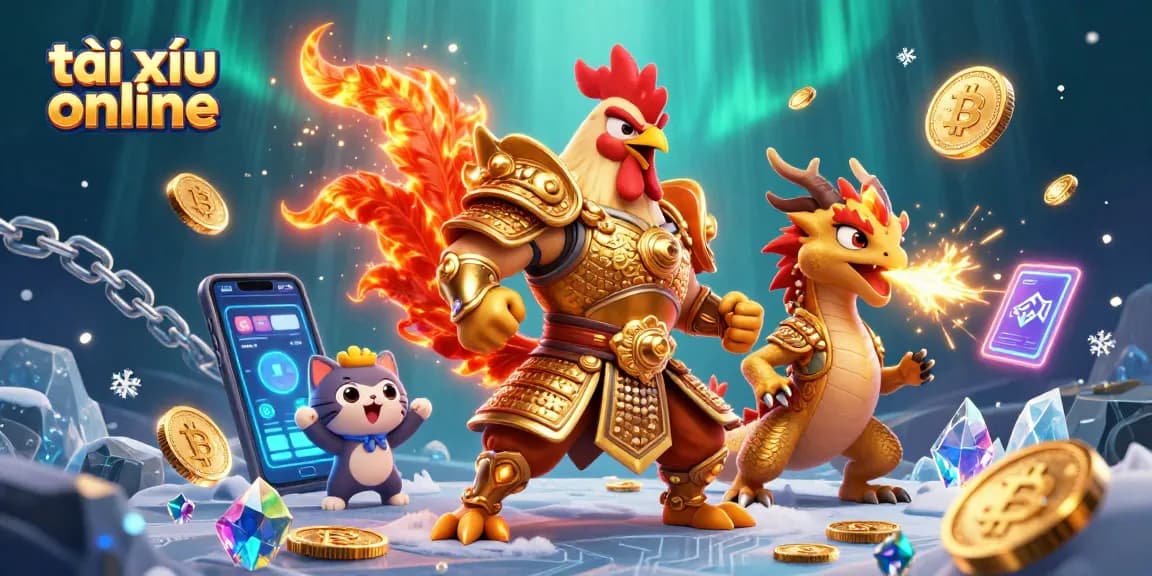 Play Tài Xỉu Online with engaging characters and vibrant game elements in this dynamic illustration.