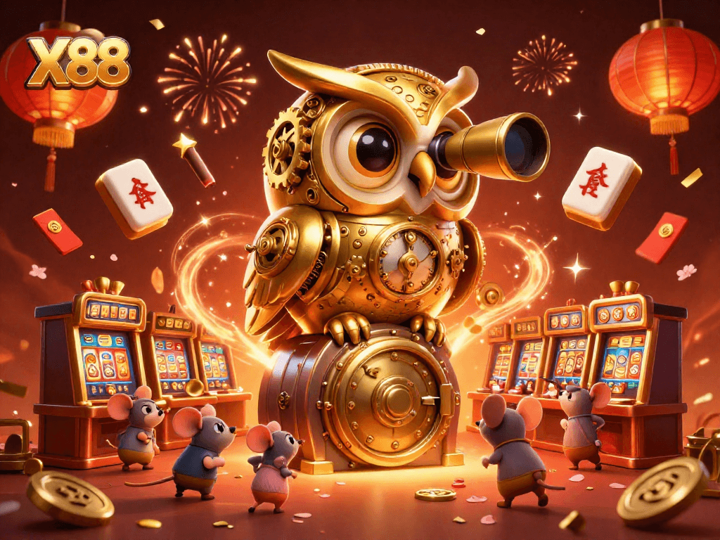 X88 showcases a lively scene with a golden owl watching over brass slot machines and festive elements.