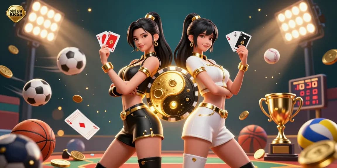 Engage with nhà cái KK55 through an exciting casino ambiance featuring twin Asian women and dynamic sports elements.