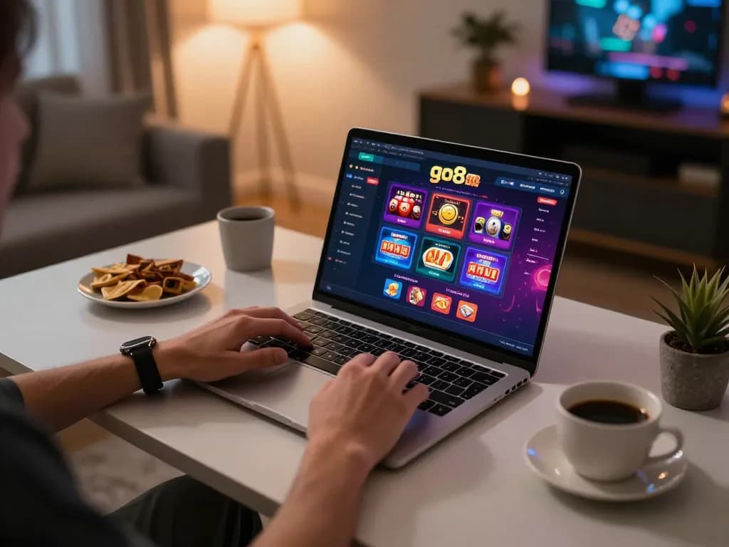 Player enjoying an online gaming session on go8.com with a cozy home setup.