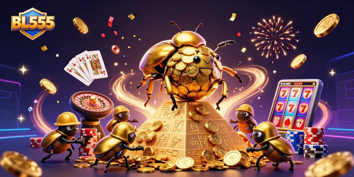 Experience the excitement of BL555's casino world with vibrant golden coins and gameplay action.
