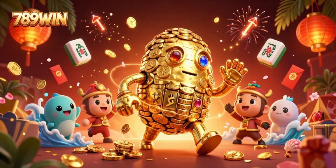 Experience vibrant gaming action with 789WIN's ancient golden golem in a dynamic casino setting.