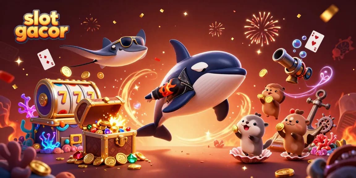 Experience slot gacor as an orca leaps excitedly amidst golden coins and vibrant casino elements.