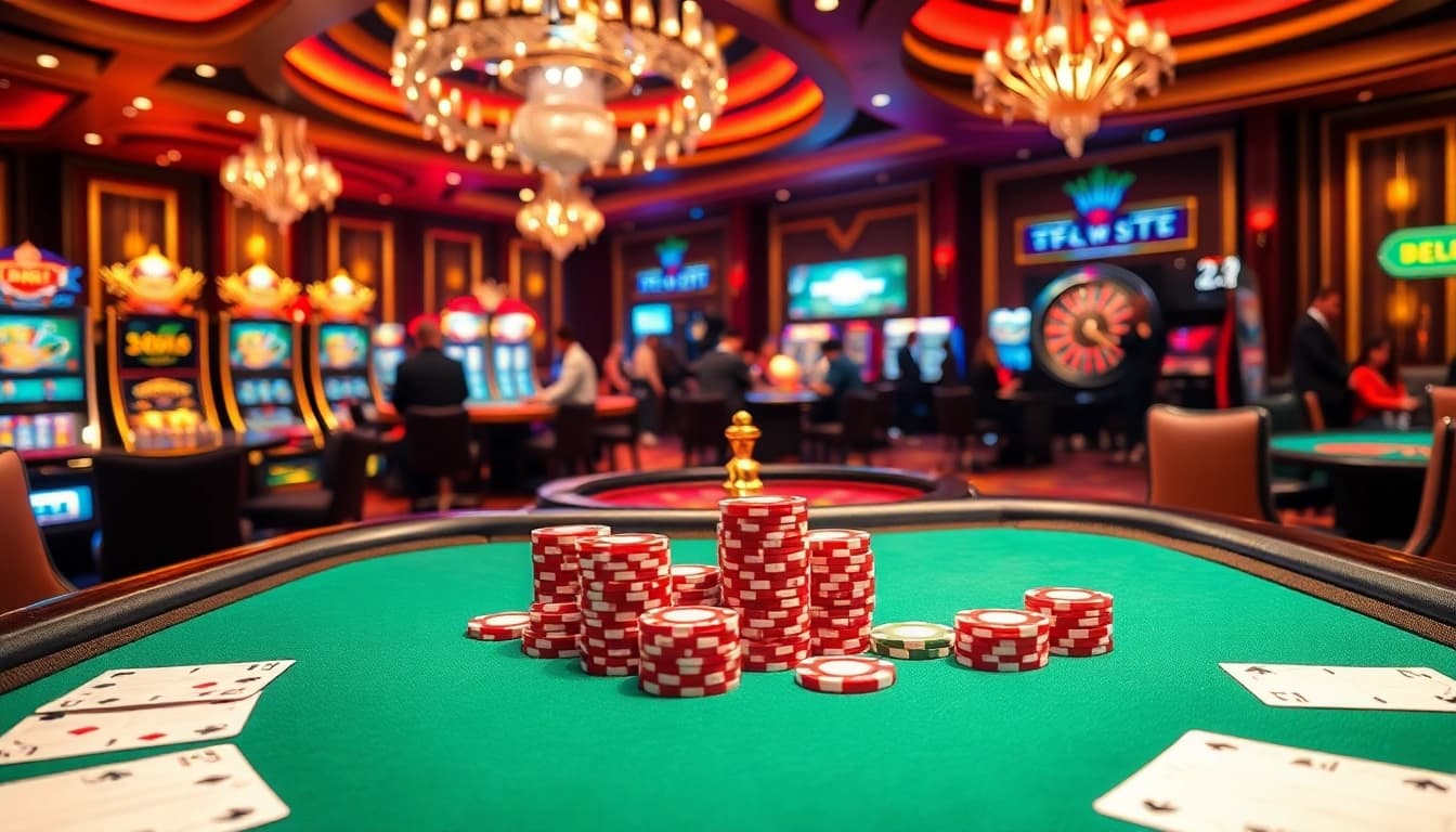 Players enjoying thrilling games at https://56win.to/ casino, surrounded by vibrant decor and poker tables.