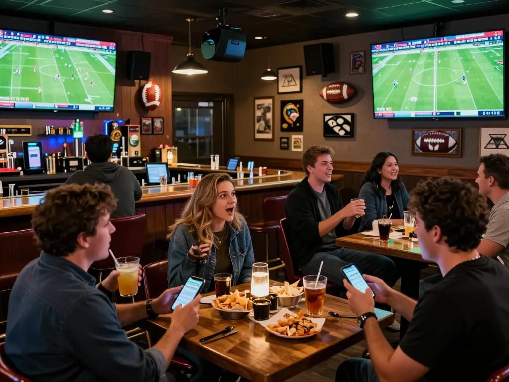 Engaged patrons place bets on บอล ออนไลน์ while enjoying live matches at a bustling sports bar