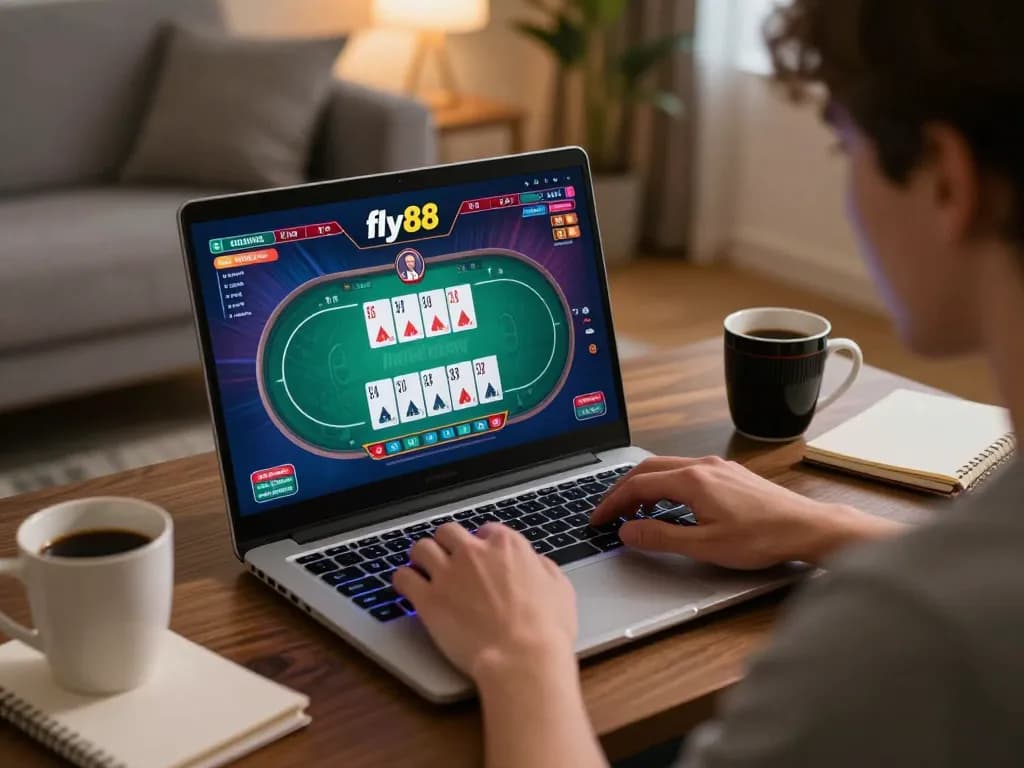 Engaging moments playing fly88 online casino poker on a laptop in a cozy home setting.