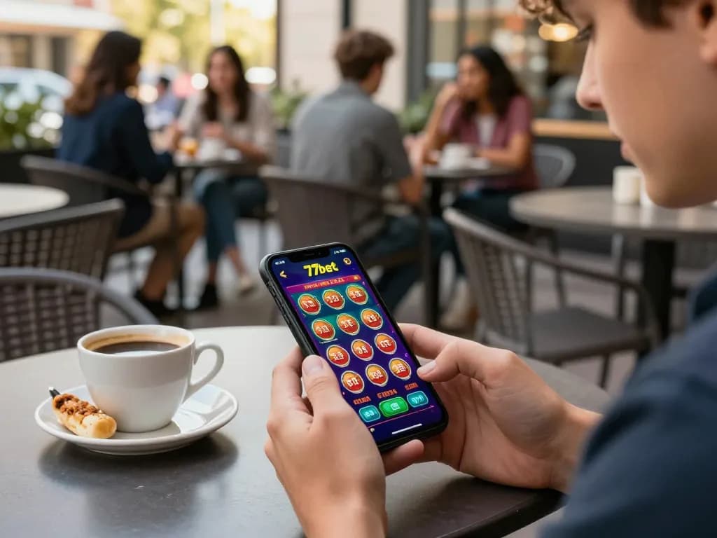 Engage with 77bet casino app displaying vibrant game interface at a cafe table.