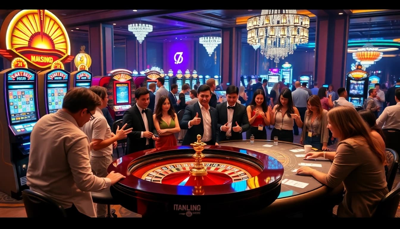 Gamblers celebrating wins at a luxurious 7M casino scene with roulette and poker tables.