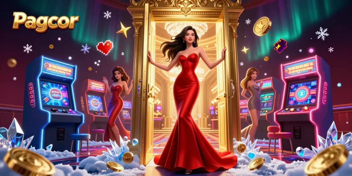 Experience Pagcor's thrilling casino games with a beautiful Asian hostess amid neon arcade elements.
