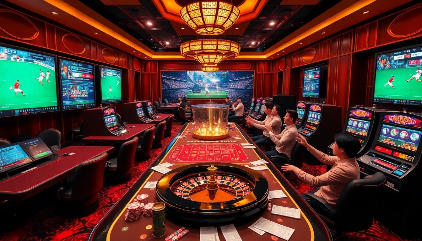 Experience the excitement of gambling with luongsontv, featuring vibrant casino elements like roulette wheels and poker tables.