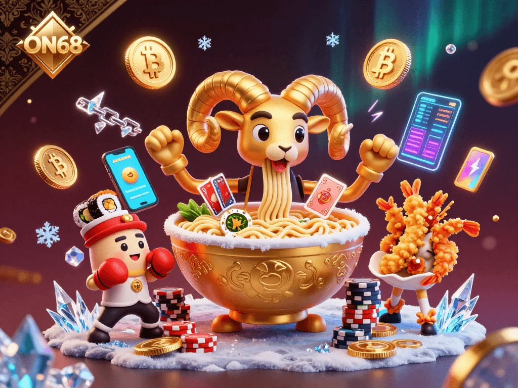 Engage in thrilling gambling action with ON68's vibrant 3D casino scene featuring unique characters and cryptocurrency.