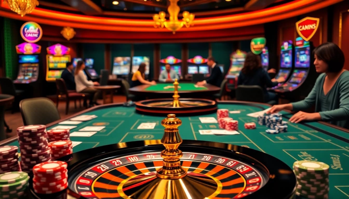 Players engage with casino games at https://tr88.autos/, featuring vibrant poker chips and a spinning roulette wheel.