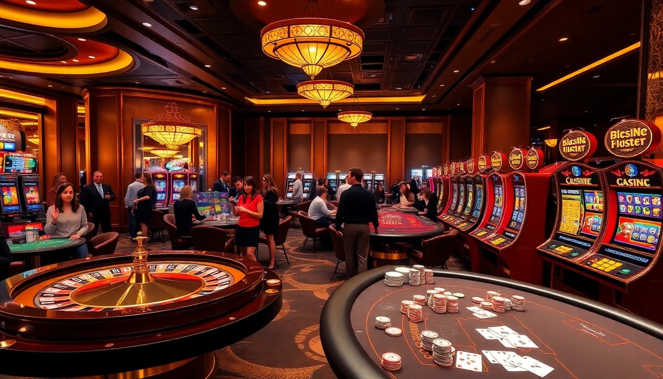 TV88 casino experience featuring players at poker tables and slot machines in a luxurious setting.